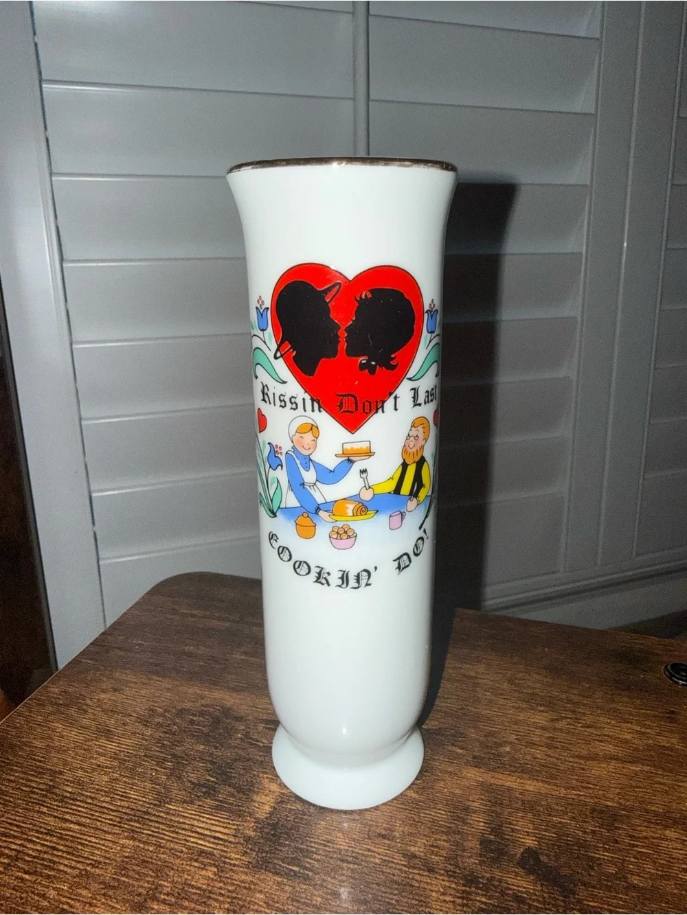 White Glass Decorative Vase with Red Heart Graphic